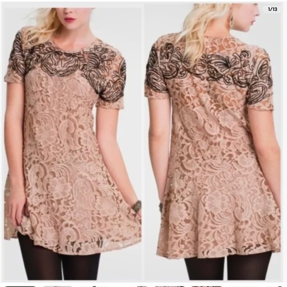 Free People Mini Dress Beautiful Dreamer Cotton Blend Lace Mauve pink Black M - Picture 3 of 13